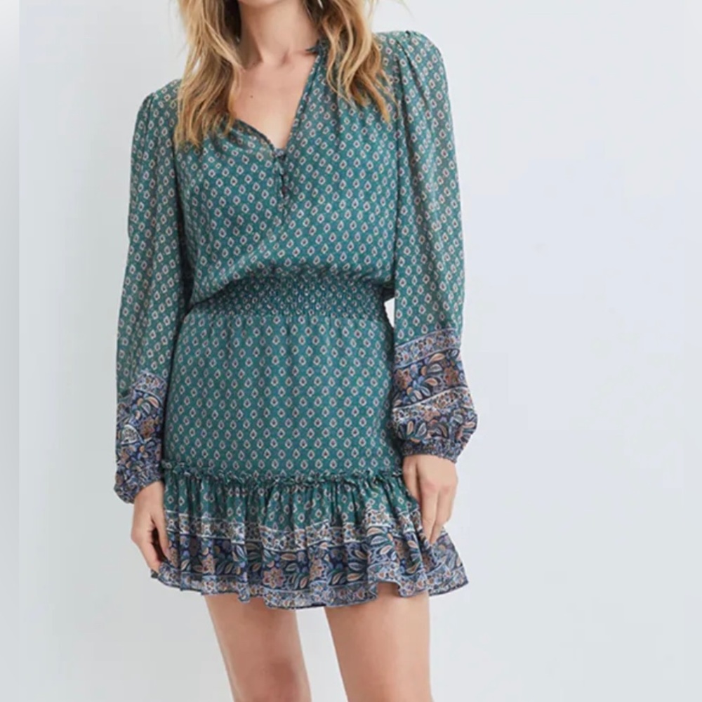 NWOT Veronica Beard Destiny Silk Printed Long Sleeve Mini Dress 10 Seaglass